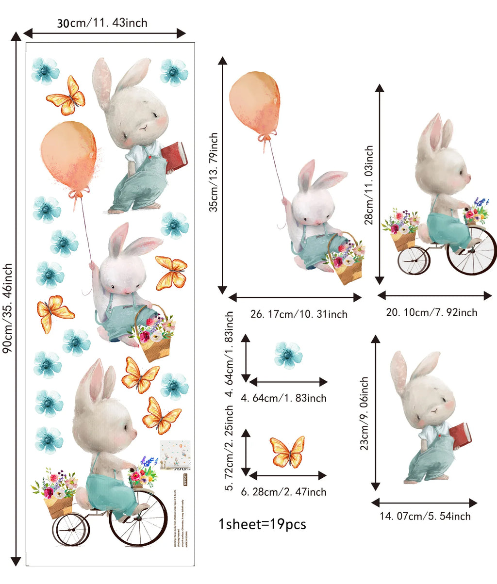 Tipi Tipi Tap Cute Bunnies with Flower, Balloon & Butterfly wall stickers' measurements on a white background