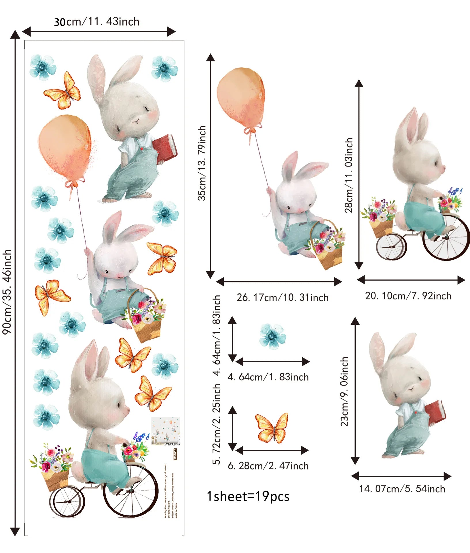 Tipi Tipi Tap Cute Bunnies with Flower, Balloon & Butterfly wall stickers' measurements on a white background