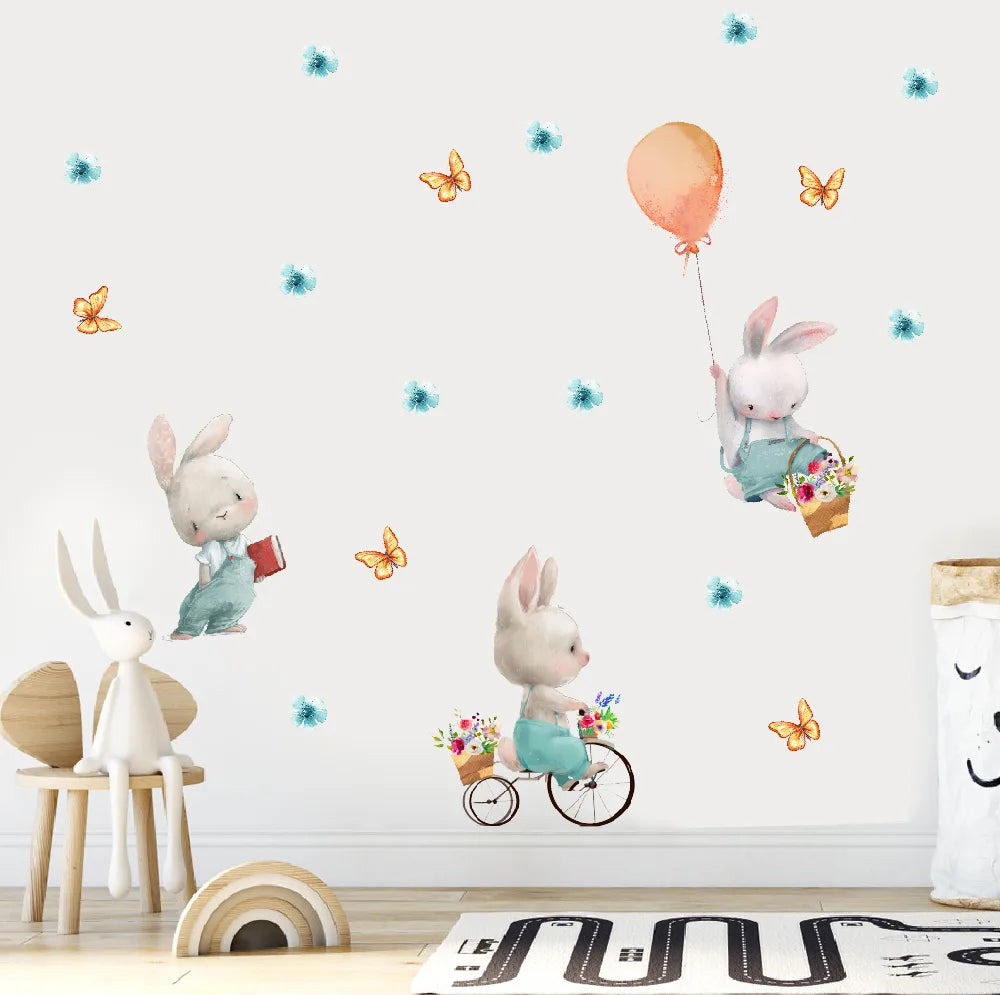 Tipi Tipi Tap Cute Bunnies with Flower, Balloon & Butterfly wall stickers in a child's room.