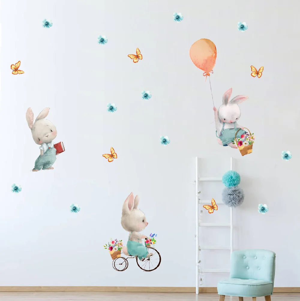 Tipi Tipi Tap Cute Bunnies with Flower, Balloon & Butterfly wall stickers on a white wall.