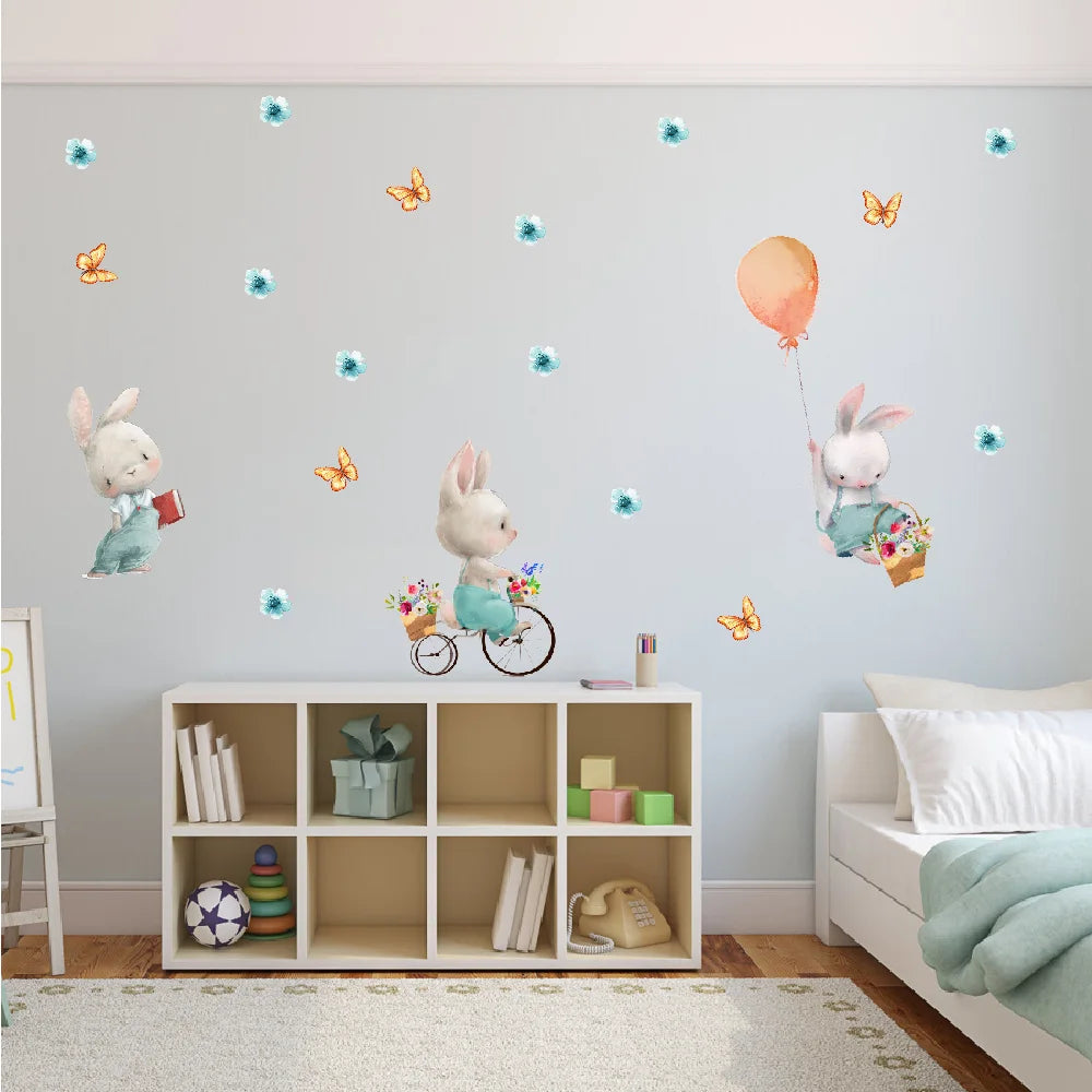 Children's room with Tipi Tipi Tap Cute Bunnies with Flower, Balloon & Butterfly wall decal, a bookshelf, and bed.