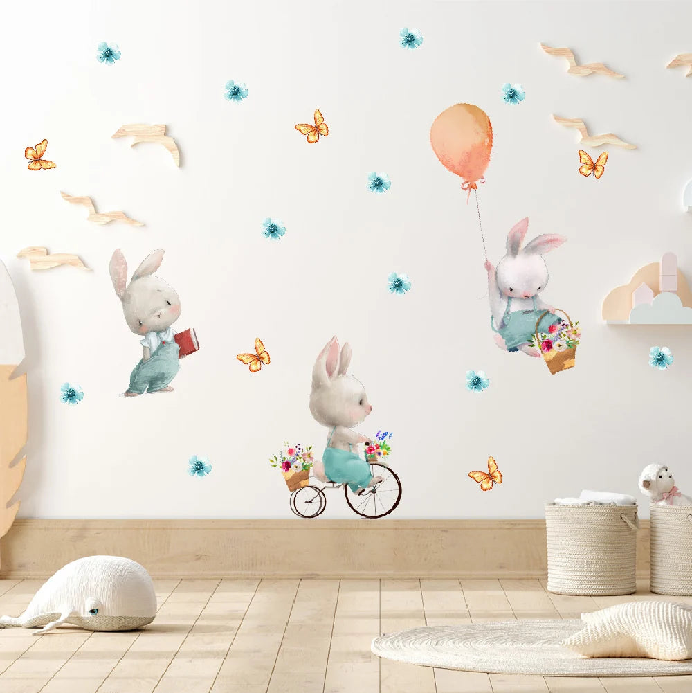 Tipi Tipi Tap Cute Bunnies with Flower, Balloon & Butterfly wall decals in a child's room.