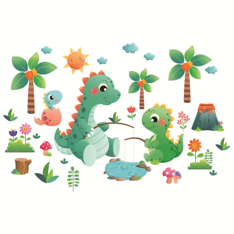 Tipi Tipi Tap Cute Dino Family Wall Decal illustrating two cartoon dinosaurs fishing with palm trees, flowers, and a sun in the background.