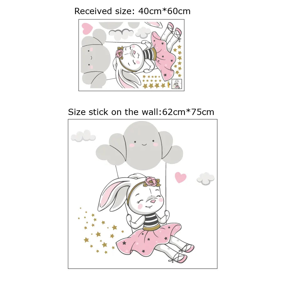 Tipi Tipi Tap Cute Bunny Swing On Cloud Wall decal with size information on a white background.