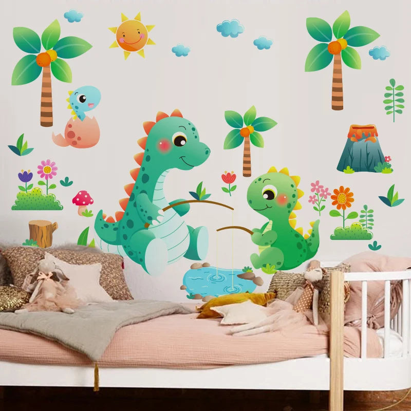 Children's room with Tipi Tipi Tap Cute Dino Family Wall Decal and a bed and pillows.