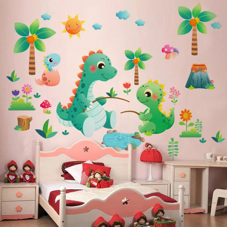 Children's room with Tipi Tipi Tap Cute Dino Family Wall Decal and pink bed.