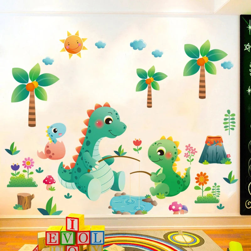 Tipi Tipi Tap Cute Dino Family Wall Decal comprising cartoon dinosaurs and nature elements on a wall.