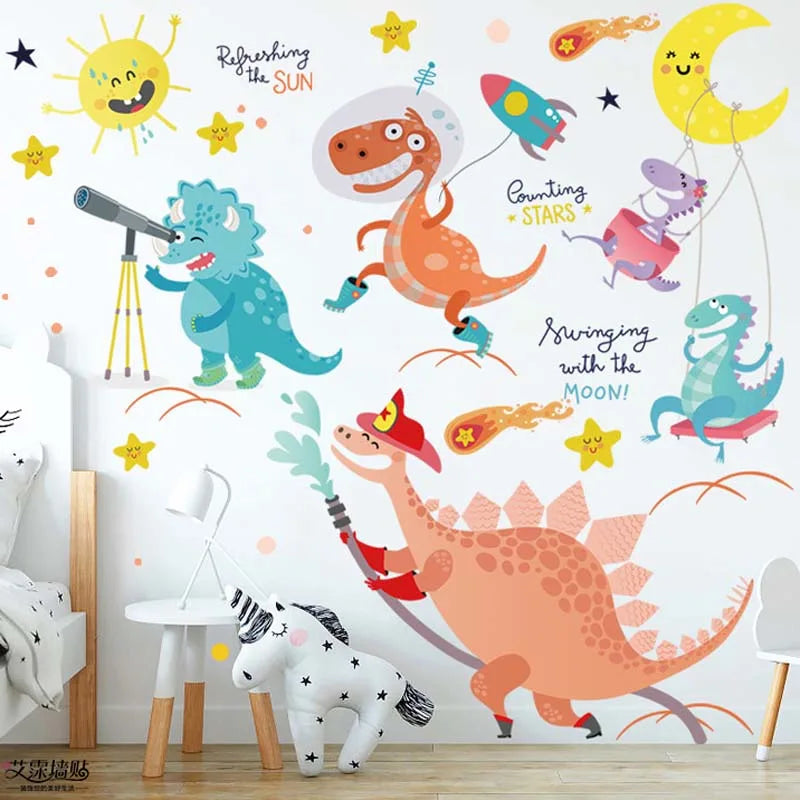 Children's room with Tipi Tipi Tap Dino-Madness: Crazy Fun Dinosaur Wall Decal and toys on a wooden floor.