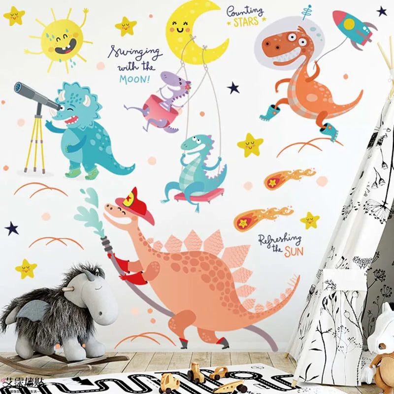 Children's room with Tipi Tipi Tap Dino-Madness: Crazy Fun Dinosaur Wall Sticker and toys on the floor.