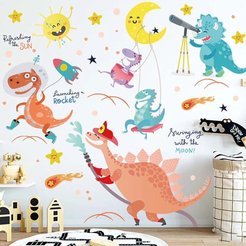 Children's room with Tipi Tipi Tap Dinosaur wall sticker and toys.
