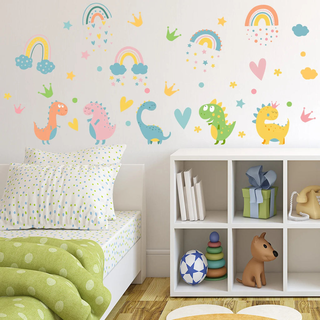 Children's room with Tipi Tipi Tap Dinosaur & Rainbow Wall Decal, bed, and shelves with toys.