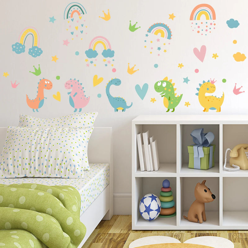 Children's room with Tipi Tipi Tap Dinosaur & Rainbow Wall Decal, bed, and shelves with toys.