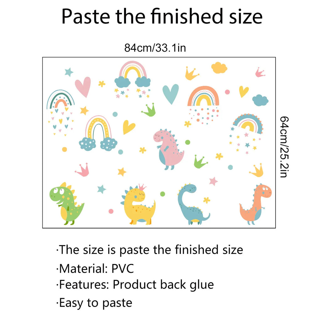 Measurements and detail of Tipi Tipi Tap Dinosaur & Rainbow Wall Decal.