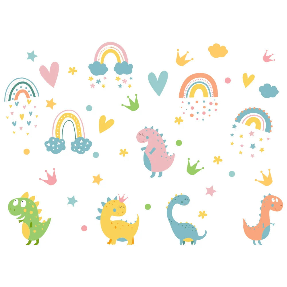 Colorful Tipi Tipi Tap Dinosaur & Rainbow Wall Decal on a white background