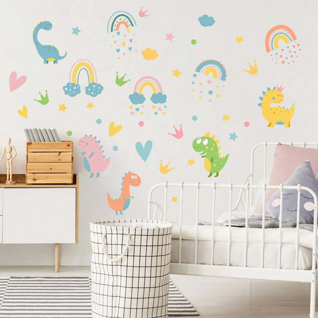 Children's room with colorful Tipi Tipi Tap dinosaur and rainbow wall decals on a white wall and bed and basket.