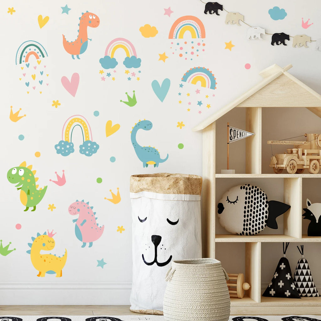 Children's room with Tipi Tipi Tap dinosaur and rainbow wall decals, a toy shelf, and decorative items.