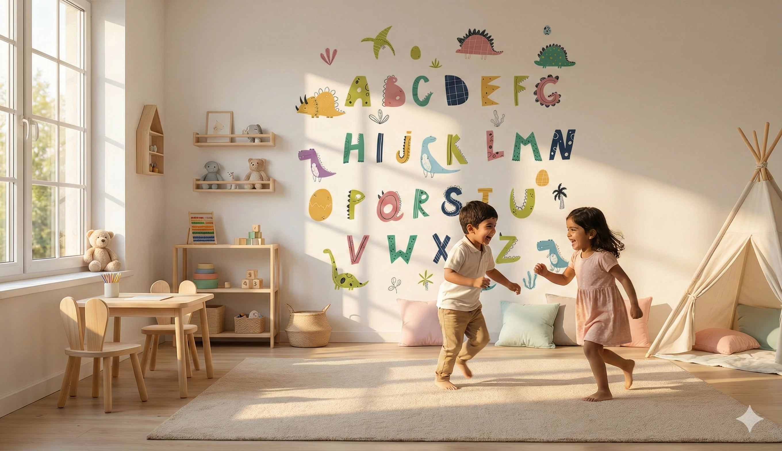 Children playing in a bright, well-decorated children's room with a colorful alphabet wall mural.