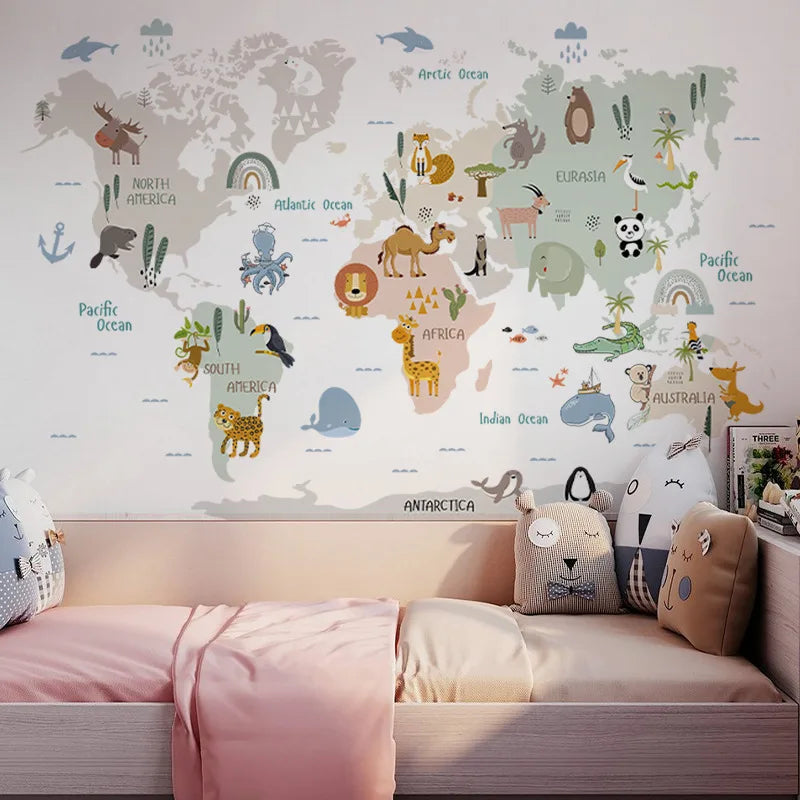 Children's room with a Tipi Tipi Tap Educational Animal World Map Wall Sticker and colorful bedding.