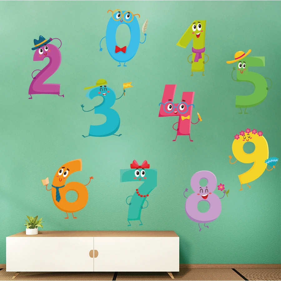Pumkins Colorful number decals on a green wall above a white cabinet.