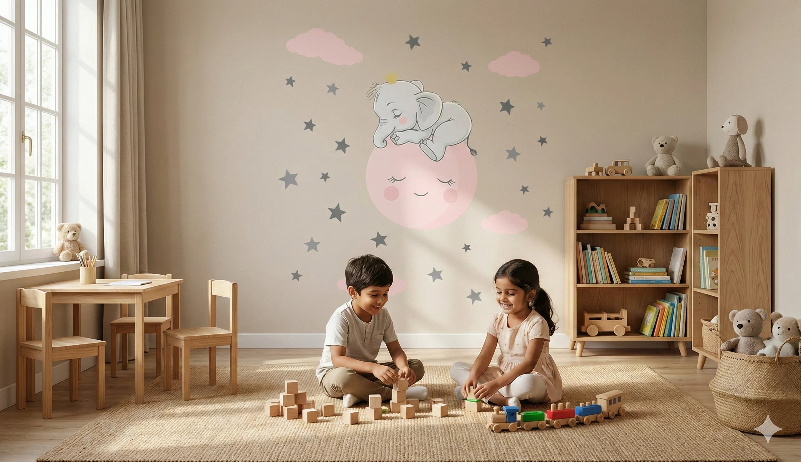 Children playing with toys in a room with a wall mural of an elephant and stars.