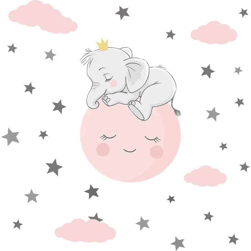 Cartoon elephant with a crown on a pink cloud surrounded by stars and clouds