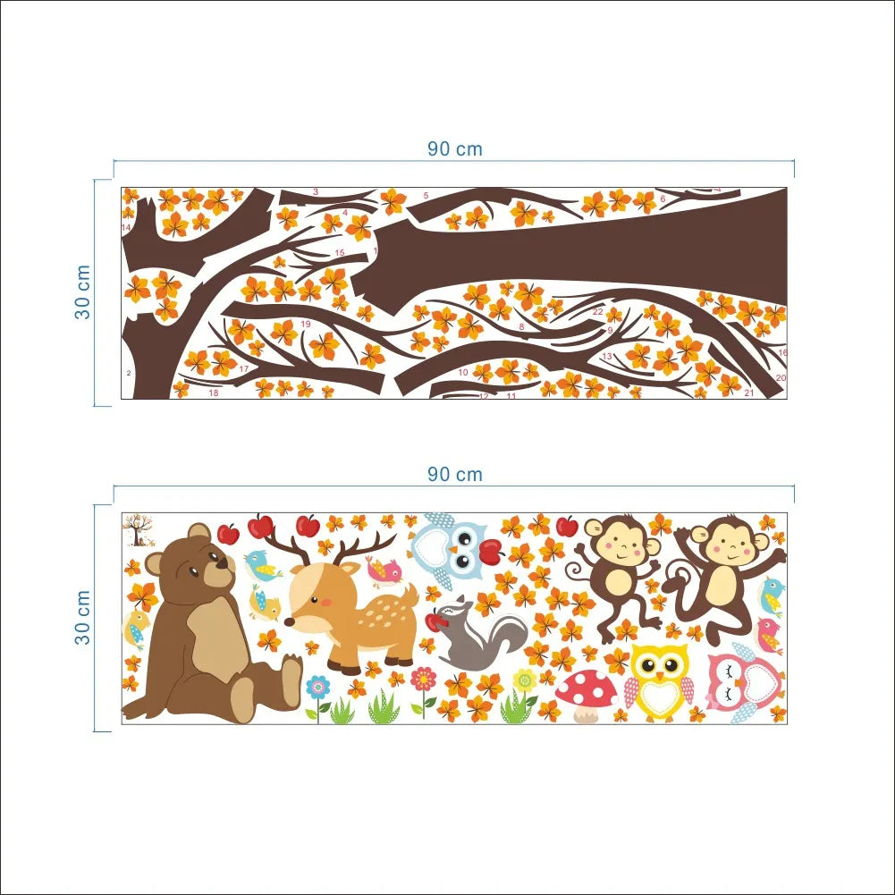 Two wall decal designs with trees and animals, showing dimensions.