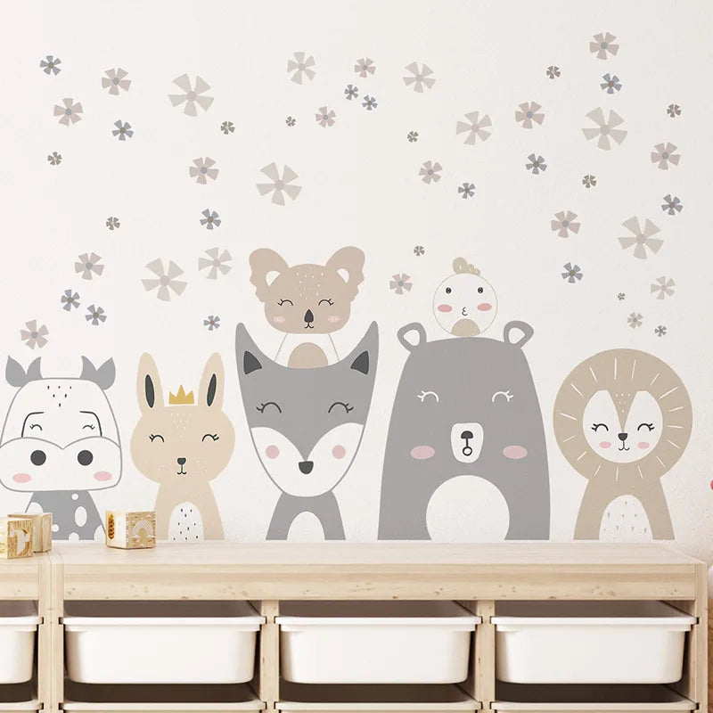 Children's room with Pumkins animal-themed wall decals on a light-colored wall.