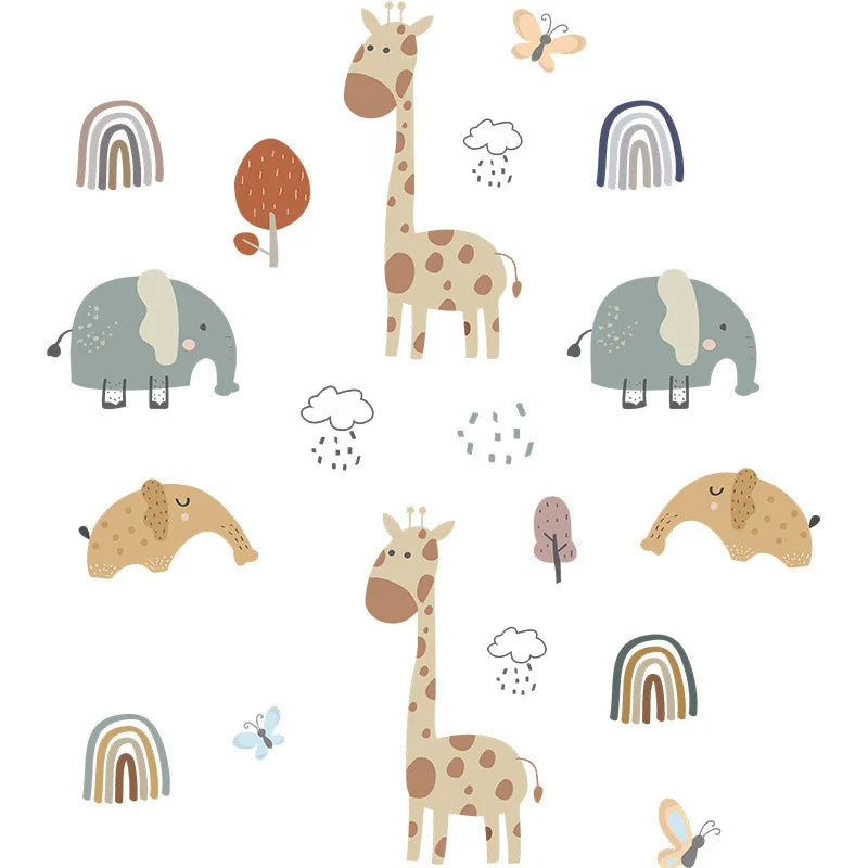 Illustrations of elephants, giraffes, and other animals on a white background