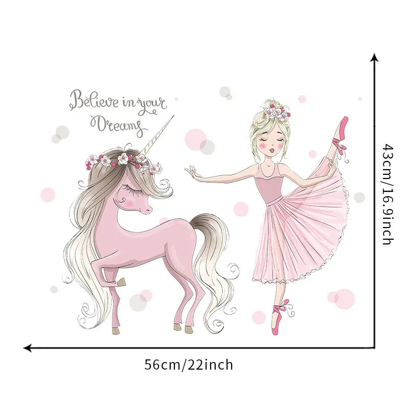 Tipi Tipi Tap Girl Dancing with Unicorn wall sticker with measurement details on a white background