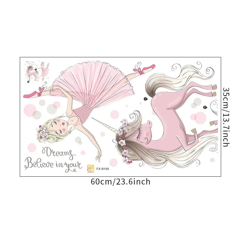 Size chart of Tipi Tipi Tap Girl Dancing with Unicorn wall sticker on a white background.