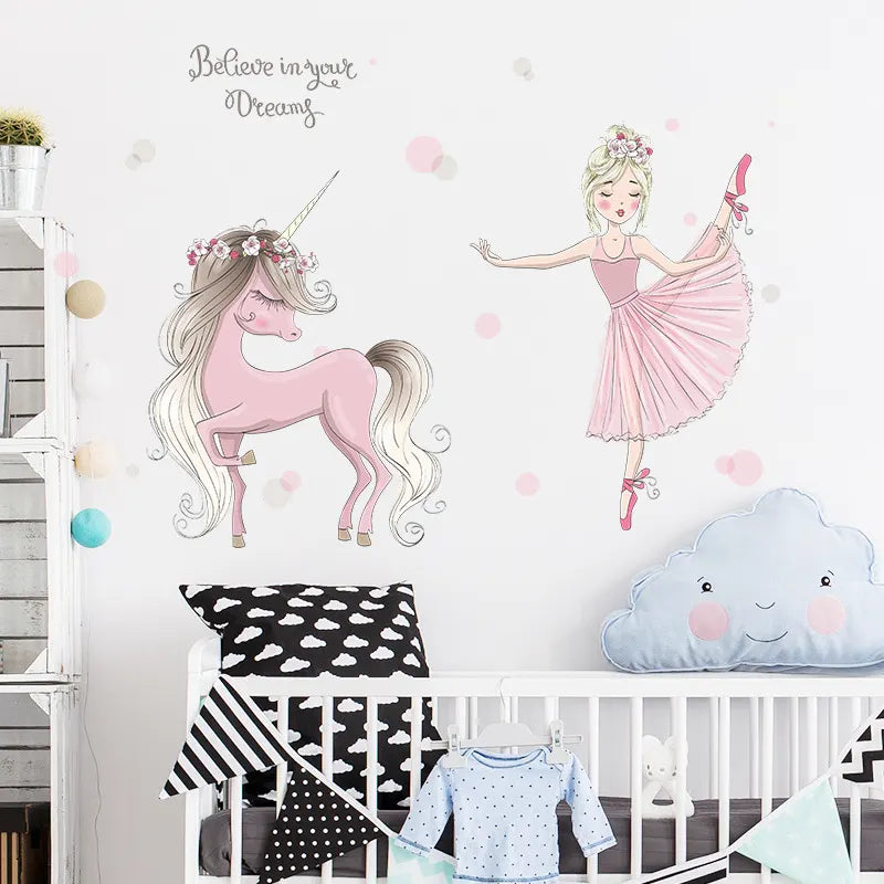Children's room with Tipi Tipi Tap Girl Dancing with Unicorn wall stickers.