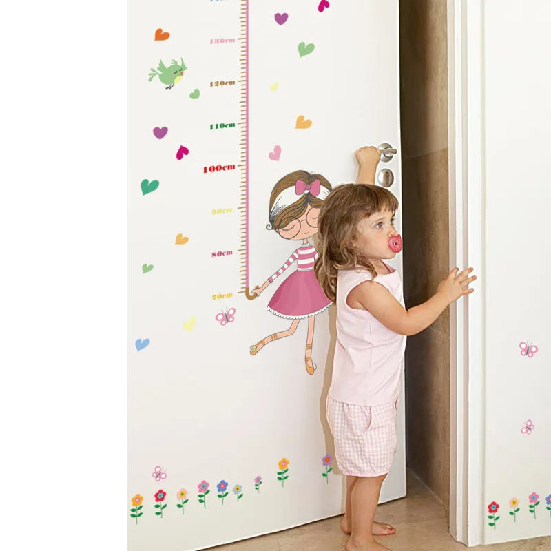 Child measuring their height against a decorative Tipi Tipi Tap Girl's Umbrella Height Chart wall decal.