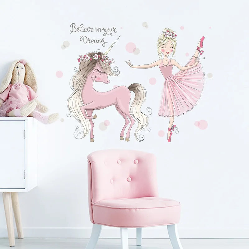 Tipi Tipi Tap Girl Dancing with Unicorn wall sticker, and doll in a child's room with a pink chair.