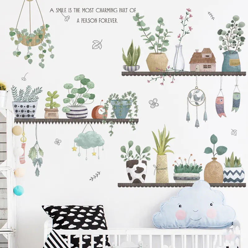 Children's room with Tipi Tipi Tap Green Plant Wall Decal and decorative pillows.