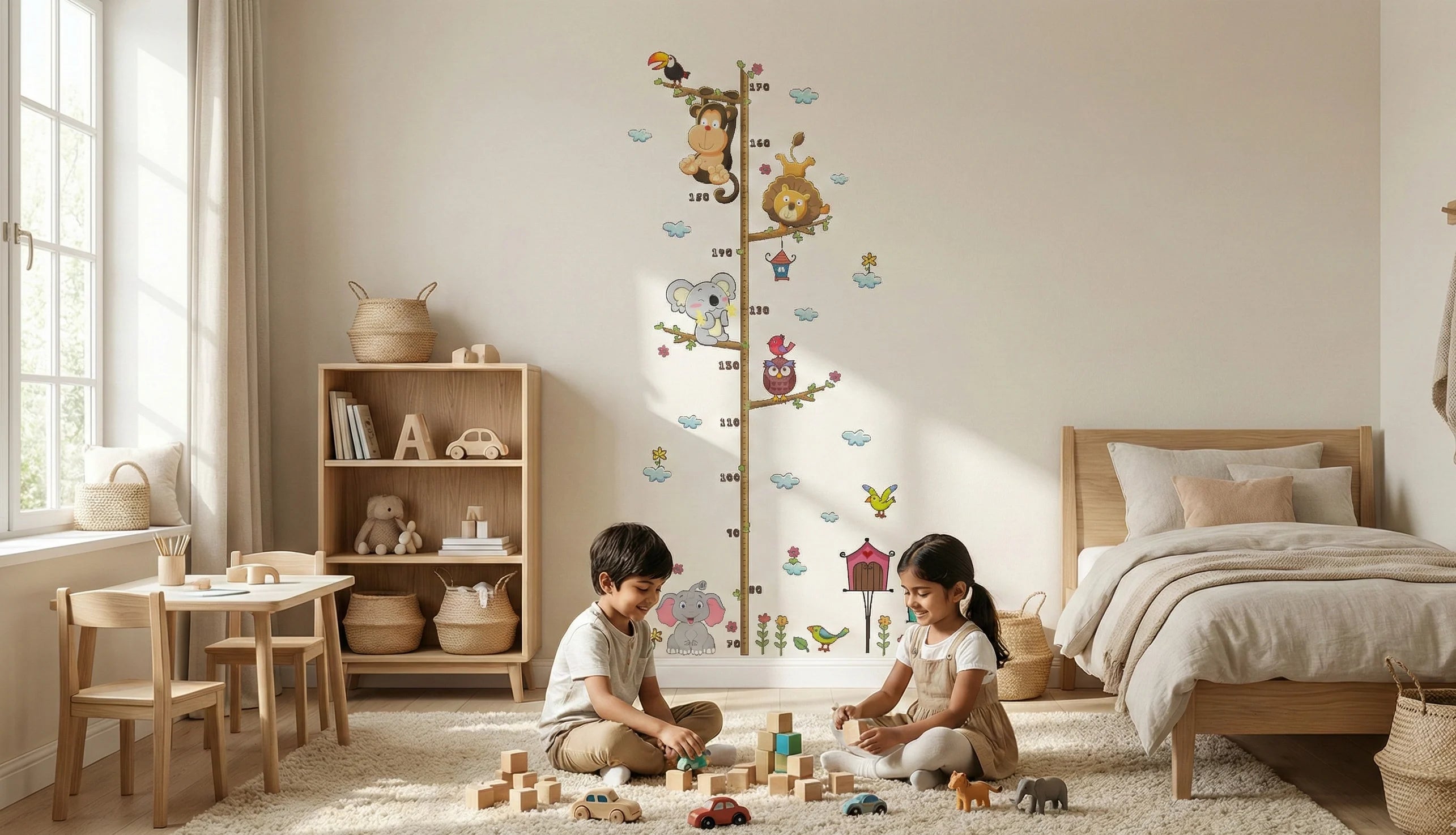 Children playing with toys in a bedroom with a height chart on the wall.