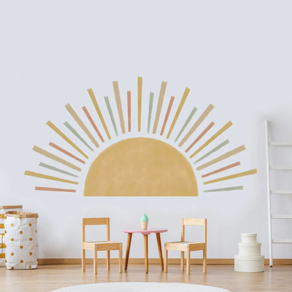 Tipi Tipi Tap sunburst half sun wall decal in a room with wooden chairs and a small table.