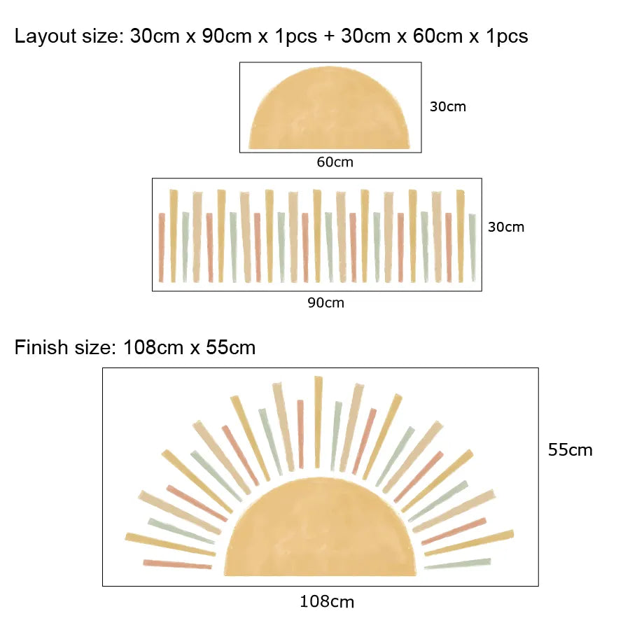 Measurement chart for Tipi Tipi Tap Sunburst Half Sun wall decals showing layout and finish sizes.