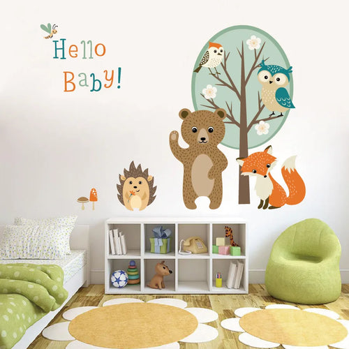 Children's room with Tipi Tipi Tap "Hello Baby" Jungle Animal Wall Decals and a white bookshelf.