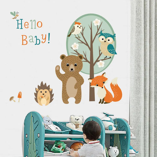 Children's room with a child playing and Tipi Tipi Tap "Hello Baby" Jungle Animal Wall Decals