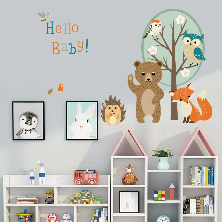 Children's room with Tipi Tipi Tap "Hello Baby" Jungle Animal Wall Decals, bookshelves filled with toys and books.
