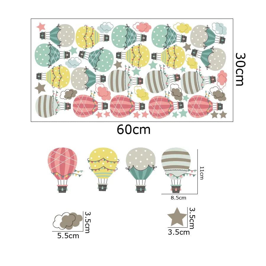 Colorful Tipi Tipi Tap Hot Air Balloon & Cloud wall stickers with dimensions on a white background