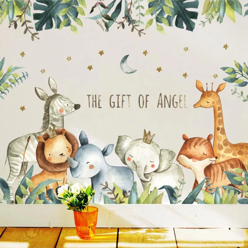 Tipi Tipi Tap Jungle Animals Watercolor wall decal with cartoon animals and text 'The Gift of Angel' on a light background.