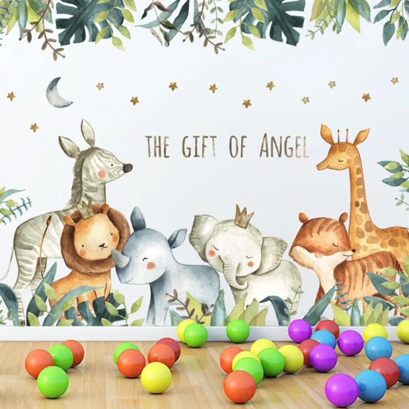 Tipi Tipi Tap Jungle Animals Watercolor wall decal comprising cartoon animals and 'The Gift of Angel' text, with colorful balls on the floor.
