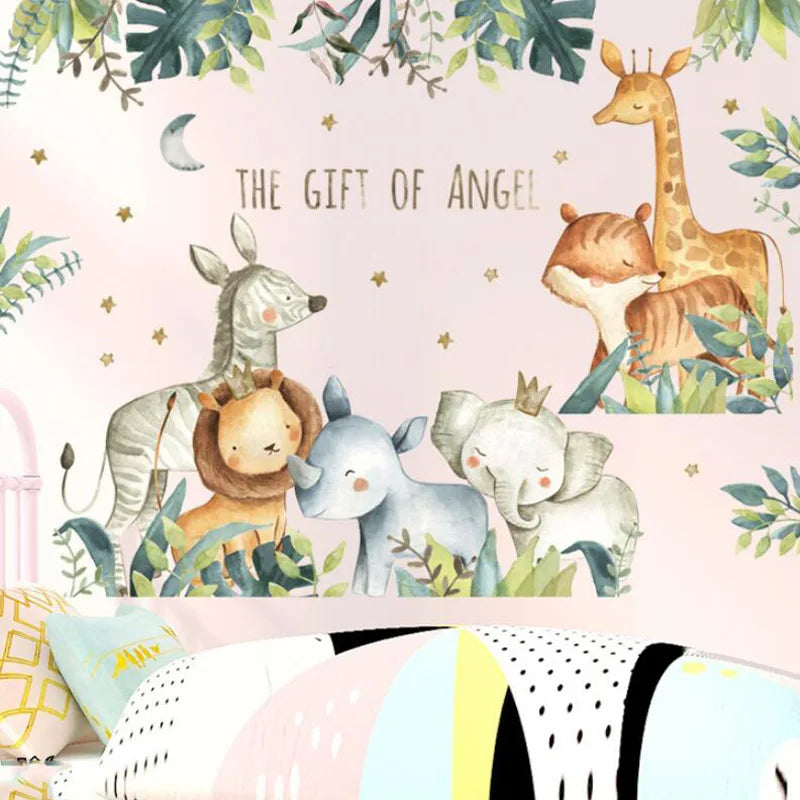 Tipi Tipi Tap Jungle Animals Watercolor wall decal comprising cartoon animals and 'The Gift of Angel' text on a pink background.