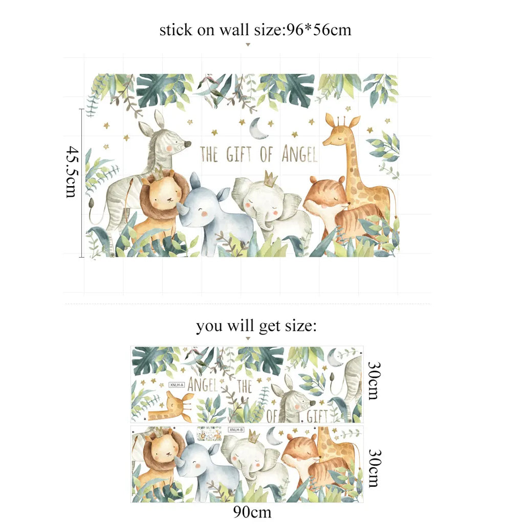 Measurement of Tipi Tipi Tap Jungle Animals Watercolor wall decal with animal illustrations and text,  on a white background.