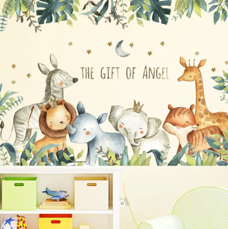Tipi Tipi Tap Jungle Animals Watercolor wall decal comprising cartoon animals and 'The Gift of Angel' text, with a shelf and toys in the background.