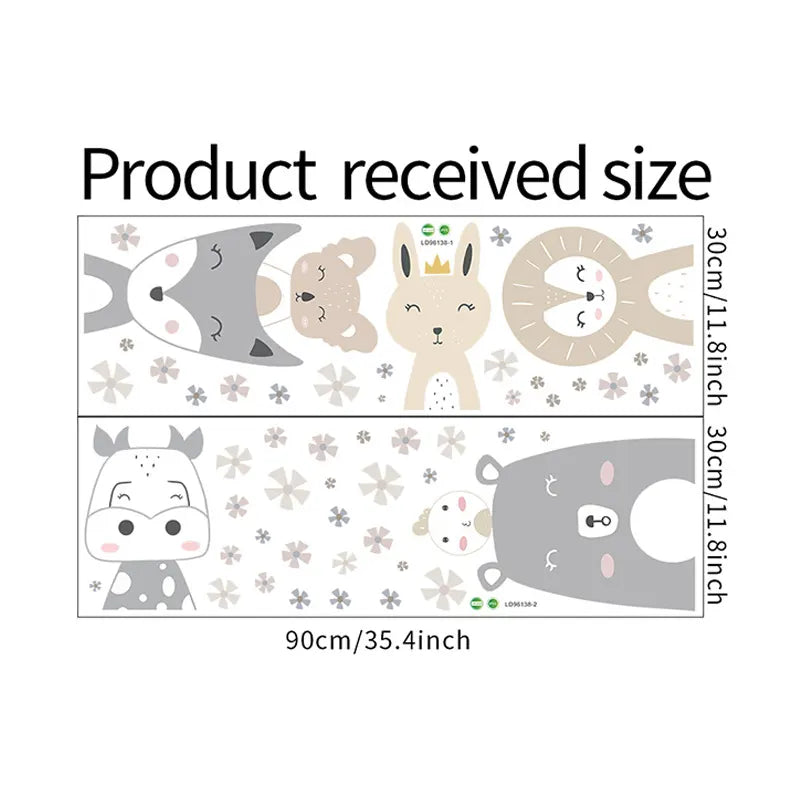 Product size chart with cartoon animal illustrations and dimensions on a white background