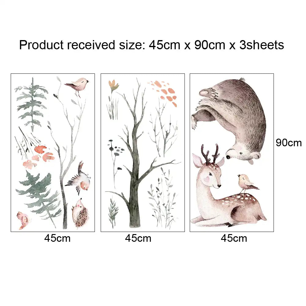 Woodland animal and tree wall decal set with dimensions on a white background