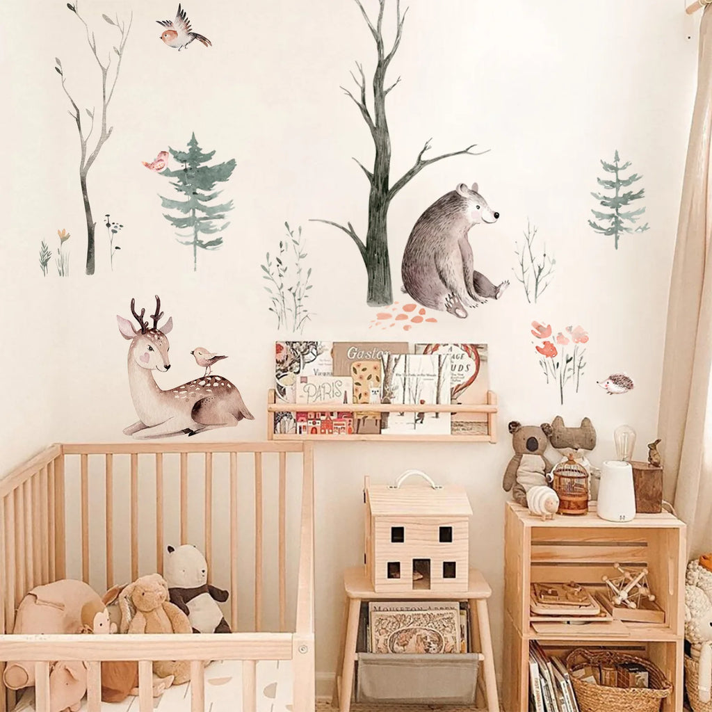 Nursery room with wooden crib, wall decals of animals, and shelves with toys.