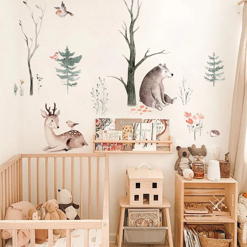 Nursery room with wooden crib, wall decals of animals, and shelves with toys.